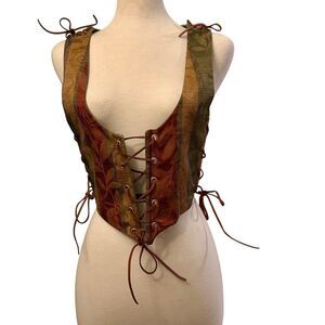 Corset Vest Tapestry Floral boned Leather Laces Renaissance Reversible OS